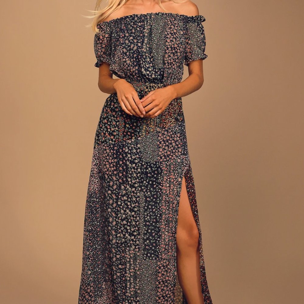 Lulu's Neva Navy Blue Floral Print Off-the-Shoulder Maxi Dress